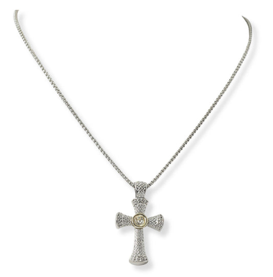 Two tone/Clear, cross cubic zirconia pendant necklace