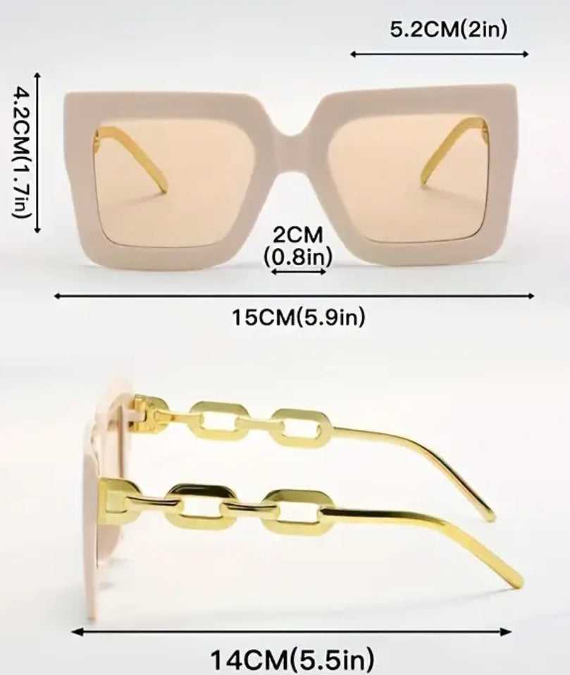 Oversized Square Sunglasses/Luxury Chain Temple - Cream Color