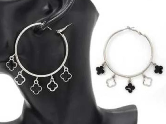 Charm Dangling Hoop Earrings Black Silver