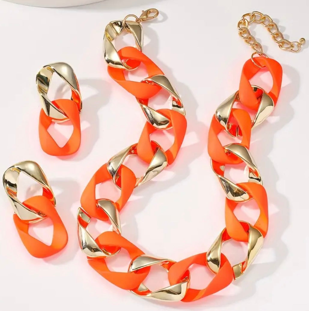 Orange/Gold Resin Earrings and Necklace Set