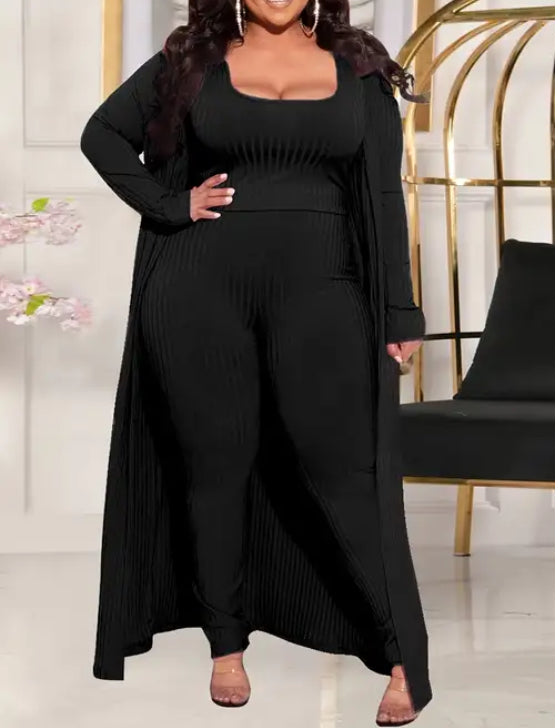 Women’s Plus Solid Ribbed Long Sleeve Cardigan, Top, & Pants Set 3 Piece Set Black Size 20