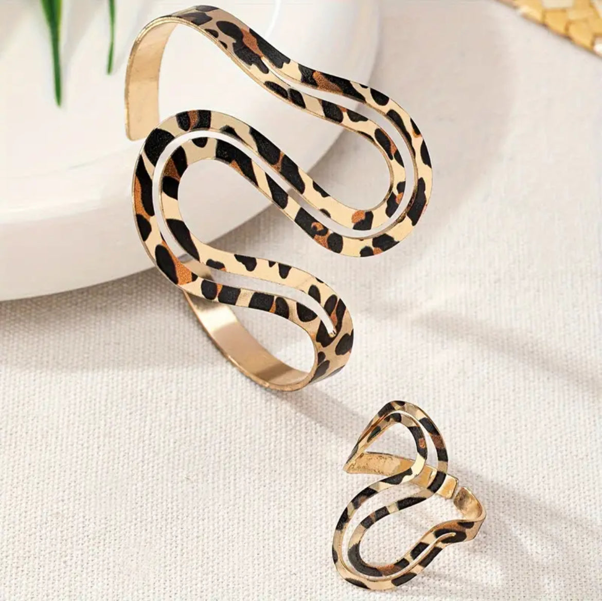 Leopard Print & Irregular Bangle and Ring Set, adjustable