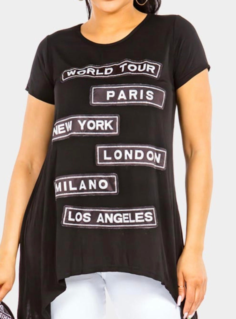 World Tour City Names Shirt w/Bling - Plus Size