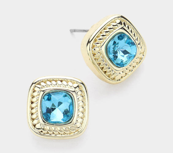 14K Gold Plated Stone Paved
Square Stud Earrings Aqua