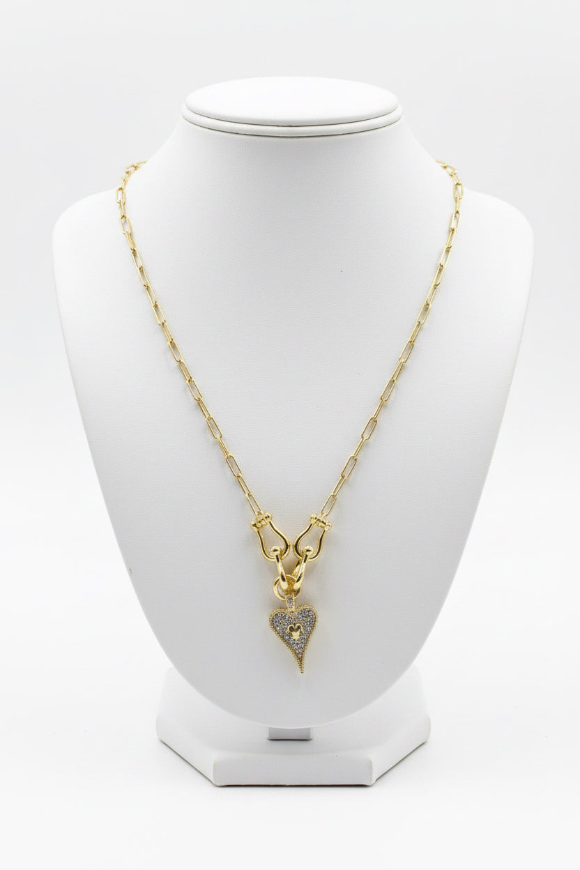 14K Gold Plated CZ Stones Horse Bit Heart Pendant Necklace