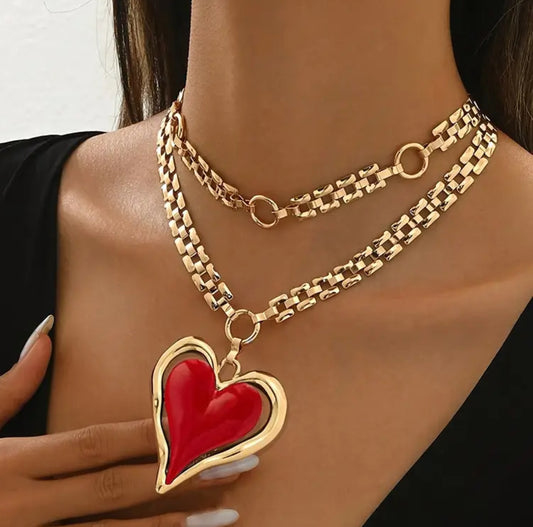 Double Layered Chain Necklace Golden Red Heart Pendant