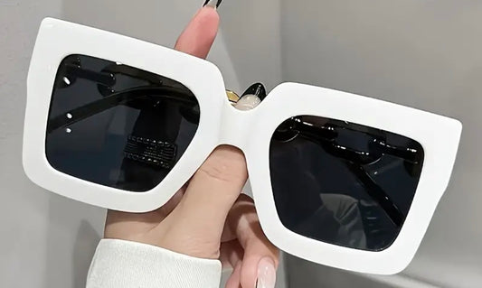 Oversized Square Sunglasses Luxury Chain Temple - White