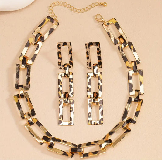 Leopard Print Square Necklace & Earrings Set