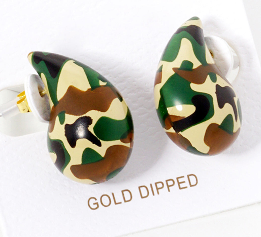 Gold Dipped Camouflage Wood Teardrop Stud Earrings