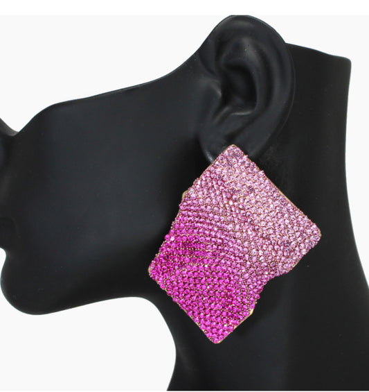 Gold/Fuchsia, Crumbled Crystal Rhinestone Earrings