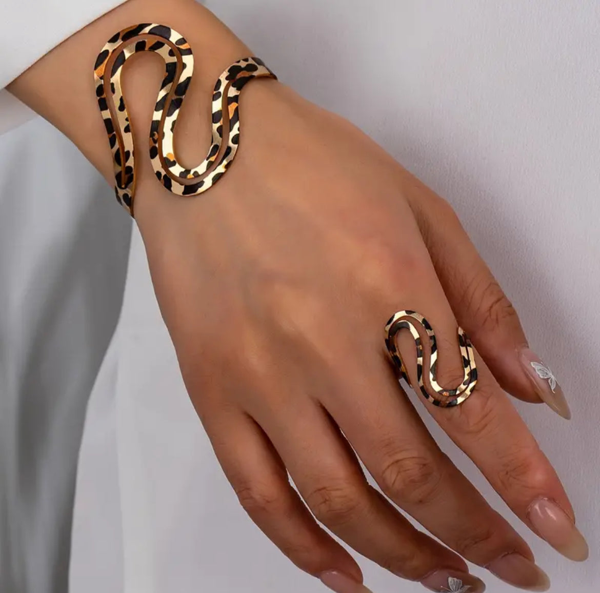 Leopard Print & Irregular Bangle and Ring Set, adjustable