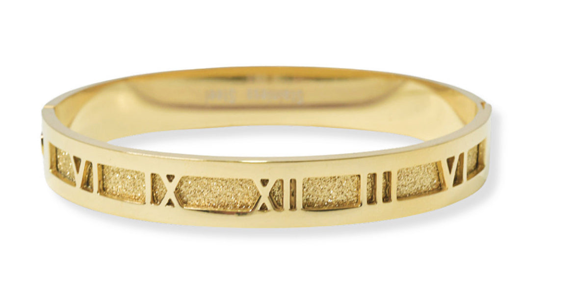 Roman Numeral Stainless Steel Bangle Bracelet - Gold