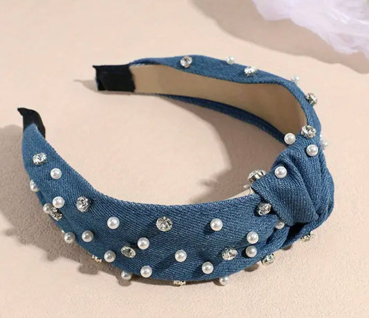 Light Denim Headband with Pearls and Rhinestones