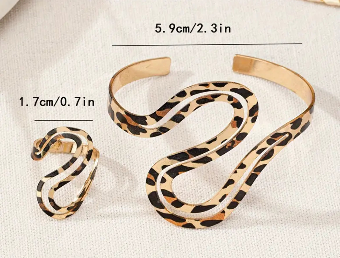 Leopard Print & Irregular Bangle and Ring Set, adjustable