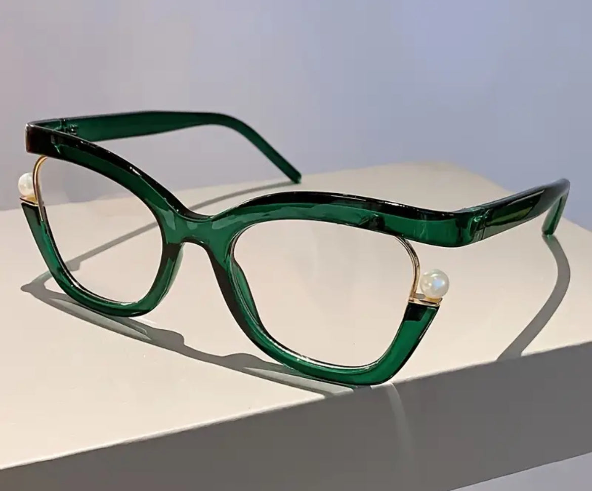 Large Cat Eye Clear Lens Glasses Faux Pearl Spectacles, Green