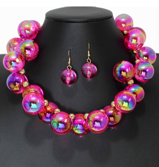 Transparent Ball Beaded Necklace Fuchsia AB