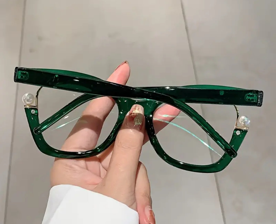 Large Cat Eye Clear Lens Glasses Faux Pearl Spectacles, Green