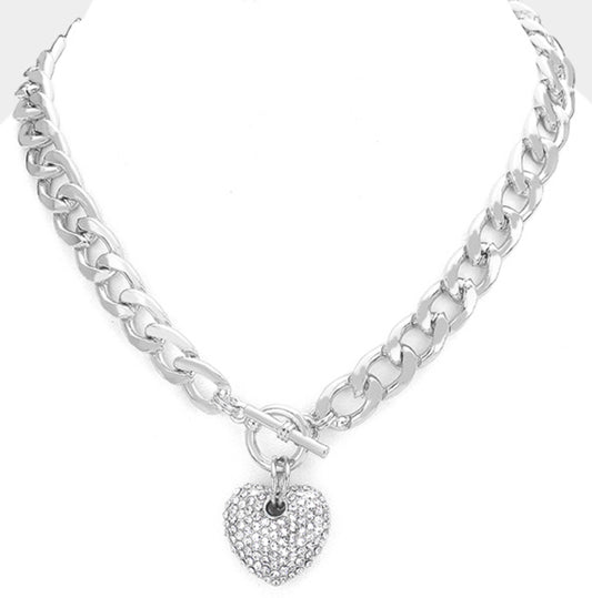 Heart Pendant Toggle Necklace with Rhinestones Rhodium