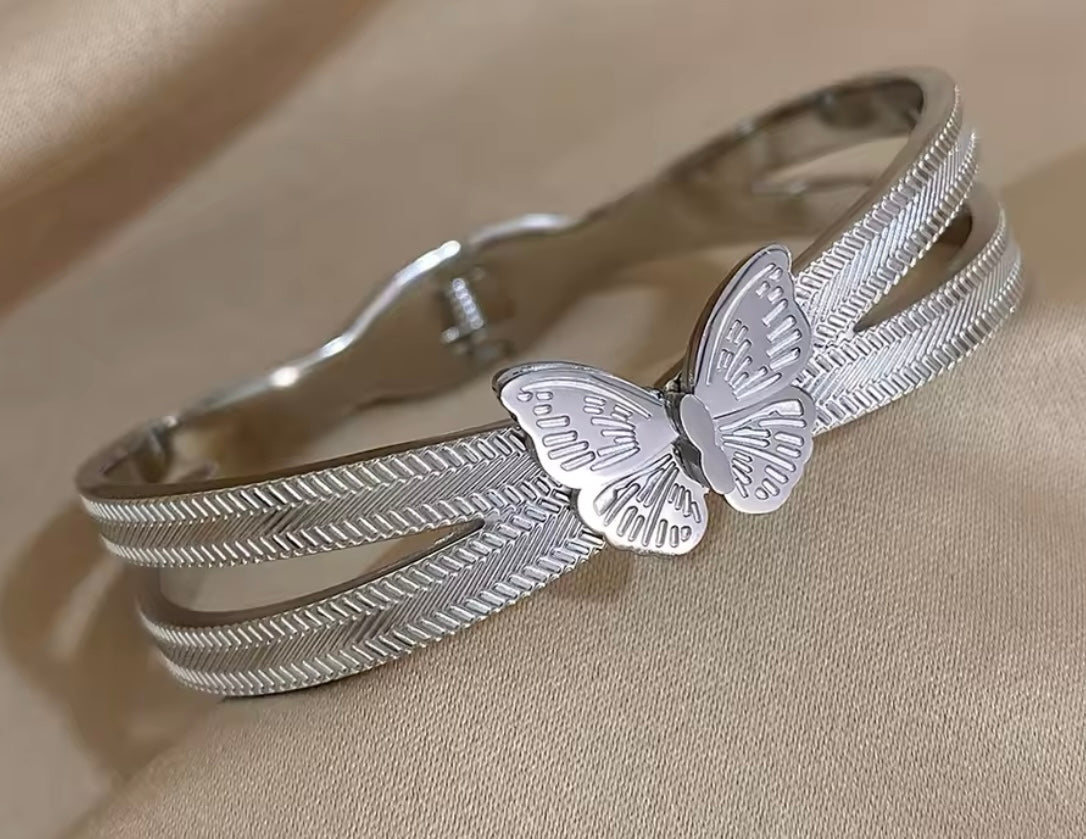 Butterfly Cuff Bangle Bracelet Stainless Steel Silver