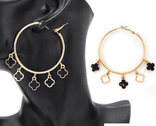 Charm Dangling Hoop Earrings Black Gold