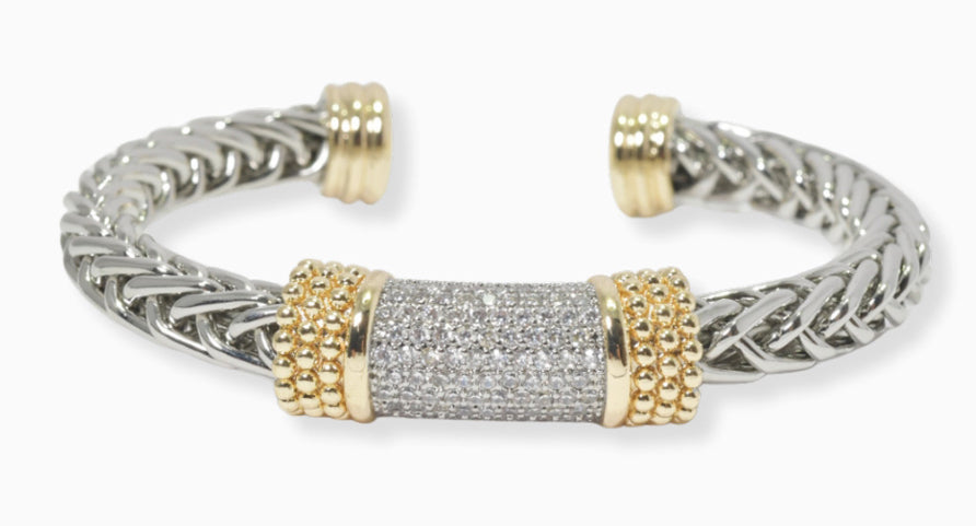 Two tone, Micro Pave Cubic Zirconia Cable Cuff Bracelet