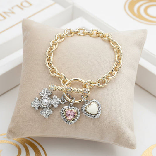 14K Gold Plated Cross Heart Charm Bracelet