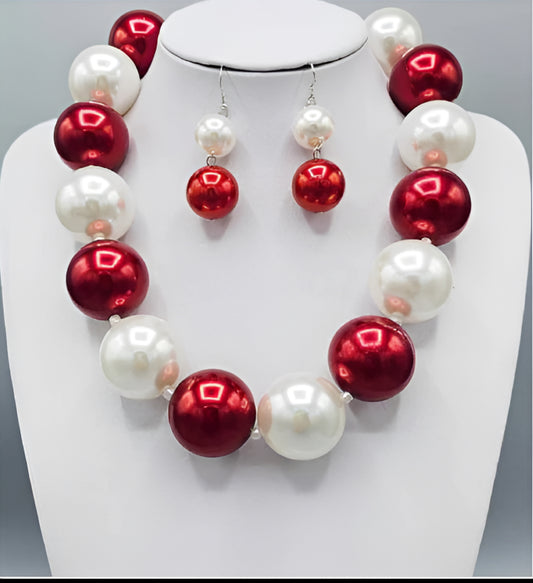 Pearl Necklace Set, Red/White