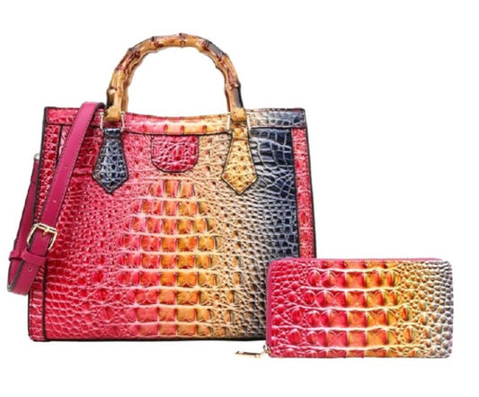 Croc Skin Style Handbag + Wallet Rose