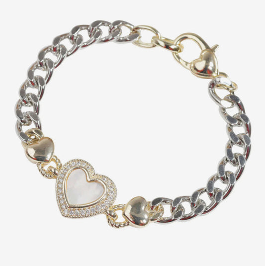 14K GOLD PLATED, HEART MOTHER OF PEARL, CUBIC ZIRCONIA CHAIN BRACELET
