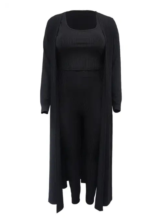 Women’s Plus Solid Ribbed Long Sleeve Cardigan, Top, & Pants Set 3 Piece Set Black Size 20