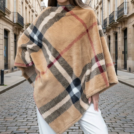 Plaid Faux Fur Poncho