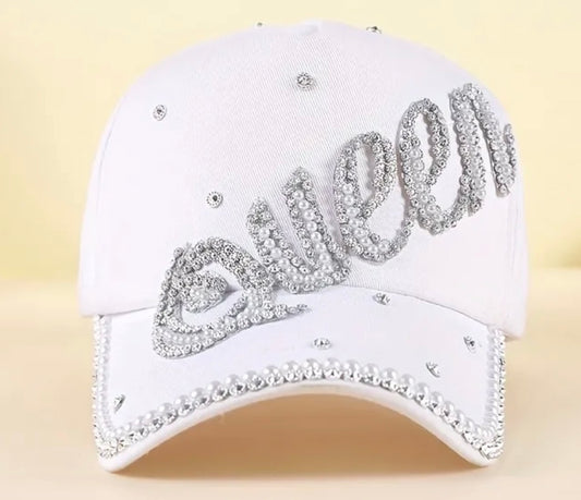 Queen Rhinestone Baseball Cap White