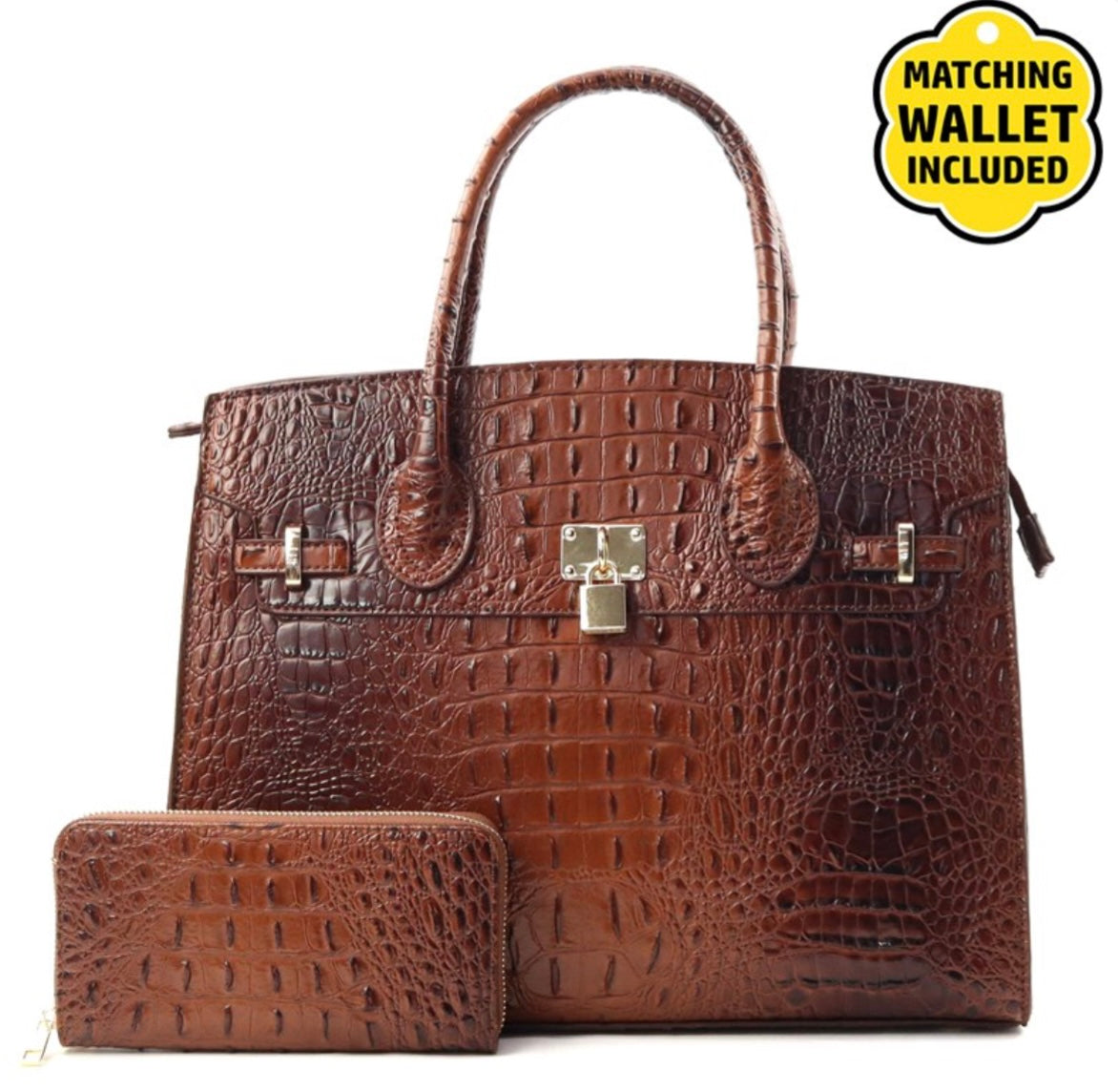 Croc Skin Handbag + Wallet Coffee