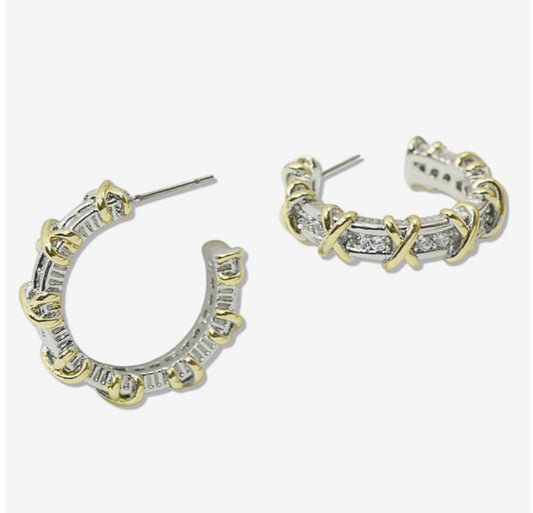14k Gold Plated X Cubic Zirconia Hoop Earrings