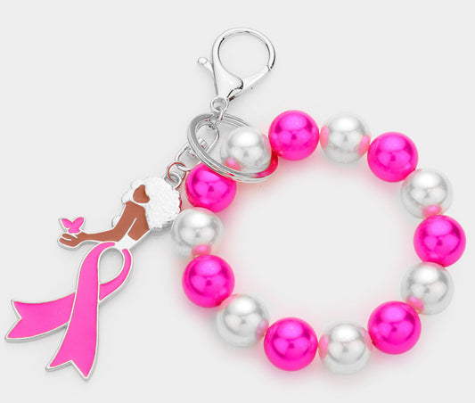 Pink Ribbon Pearl Stretch Keychain/Bracelet Afro Girl