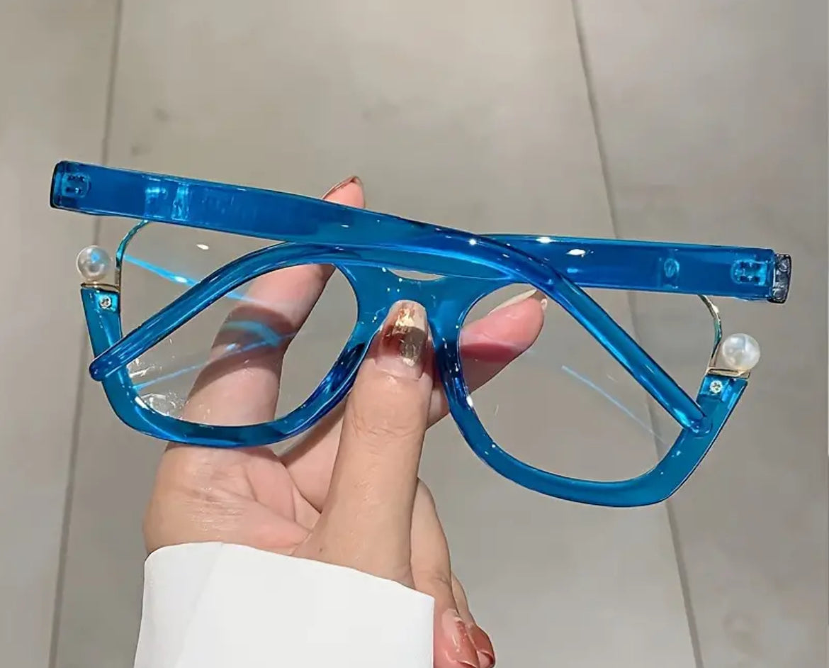 Large Cat Eye Clear Lens Glasses-Faux Pearl Spectacles, Blue