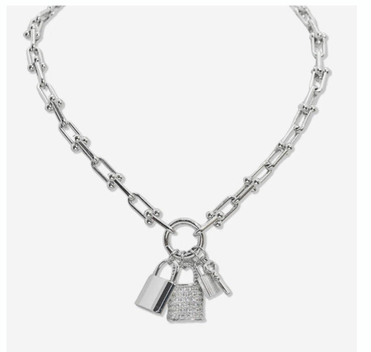 Charm Lock Necklace with Cubic Zirconia Accent, Rhodium Plated
