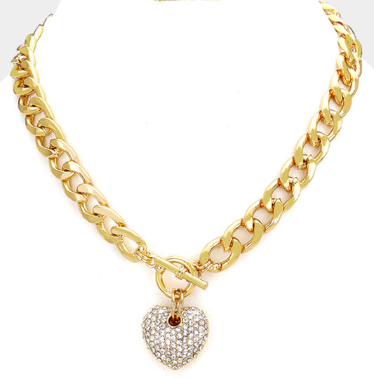 Heart Pendant Toggle Necklace with Rhinestones - Gold