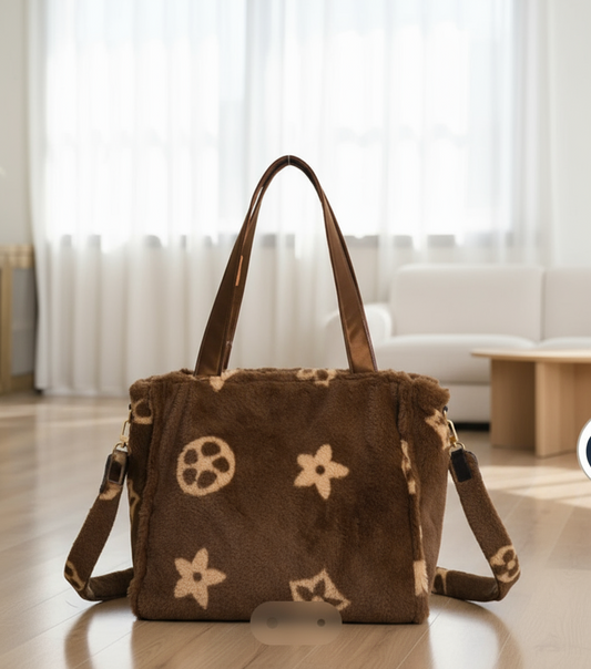 FAUX FUR TOTE BAG, BROWN