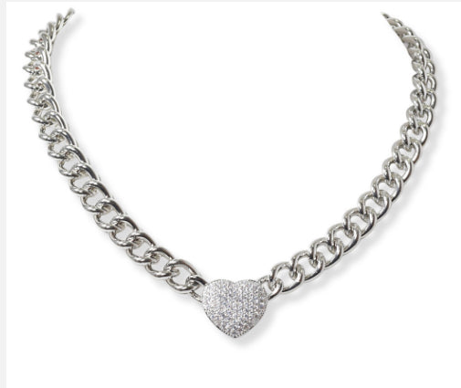 Heart Chain Toggle Necklace Cubic Zirconia Silver