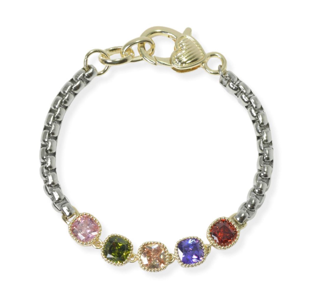 Two Tone/Multi, 14K Gold Plated, Geometric Cubic Zirconia Bracelet