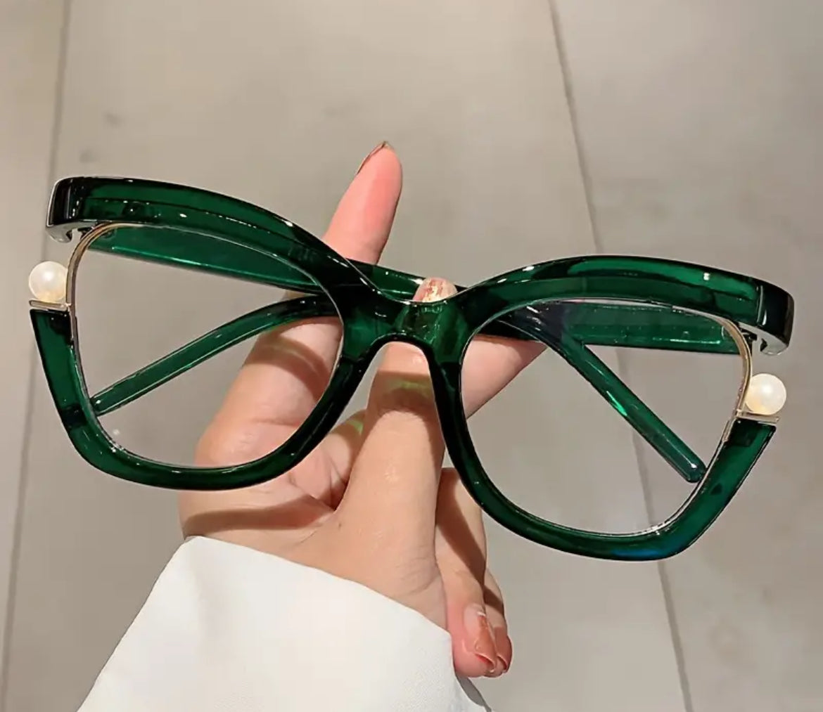 Large Cat Eye Clear Lens Glasses Faux Pearl Spectacles, Green