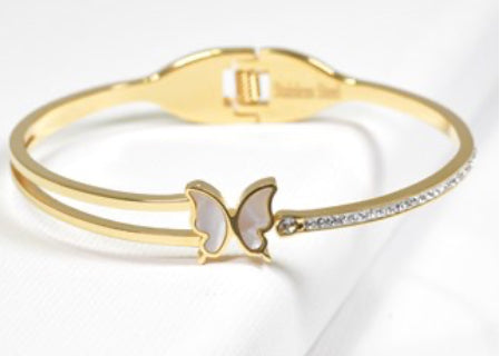 Gold/Clear Butterfly Stainless Steel Bangle