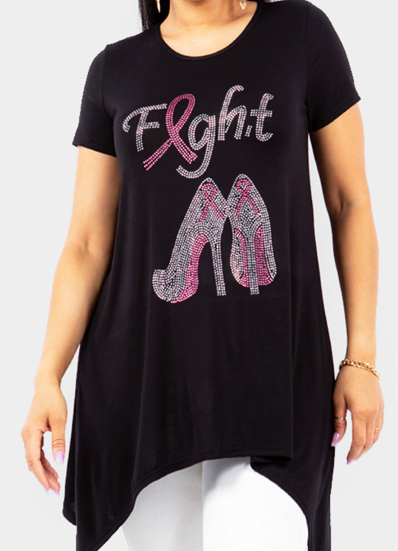 Fight Message and Pink Ribbon Stiletto Heel Half Sleeve Top - Plus Size