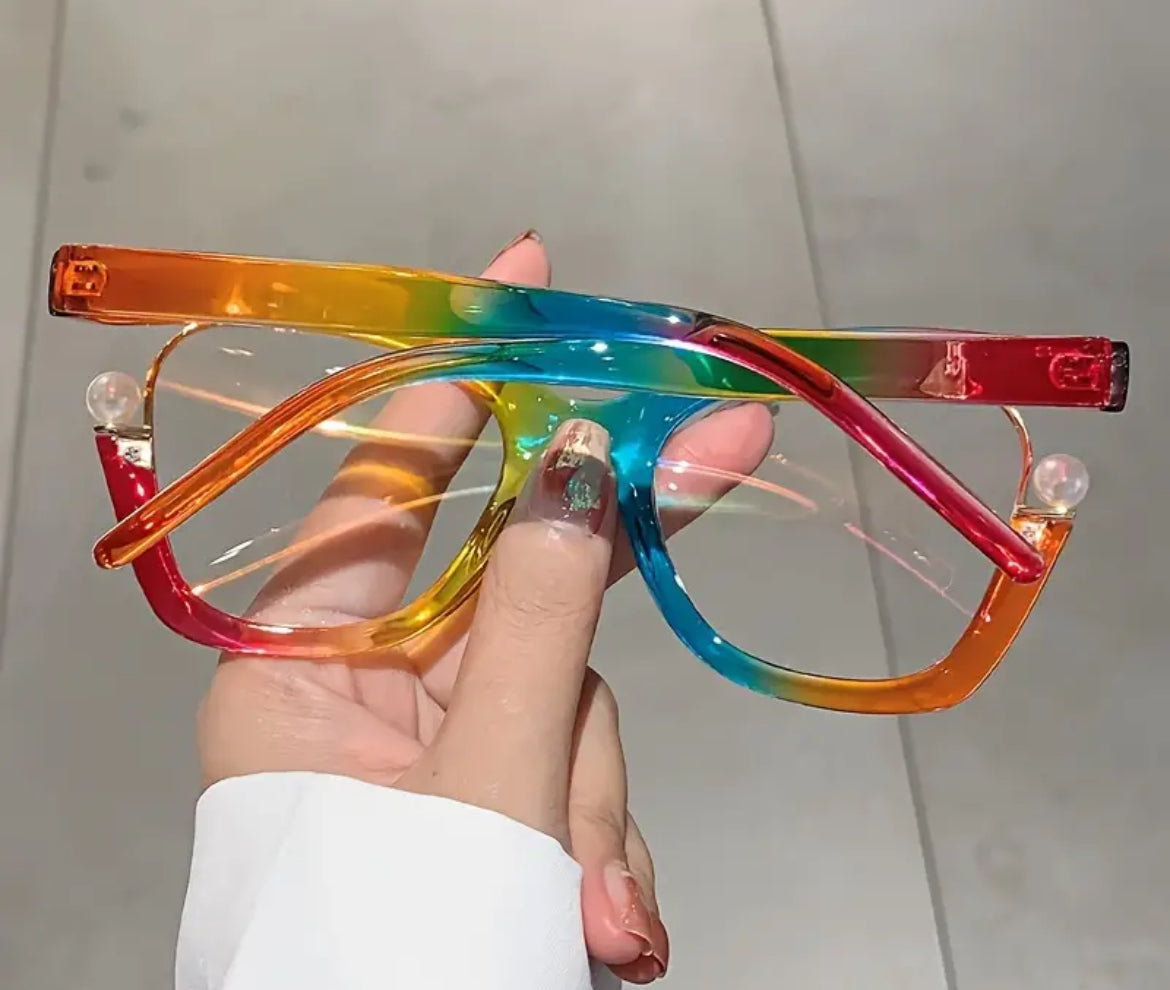 Large Cat Eye Clear Lens Glasses Faux Pearl Spectacles, Rainbow