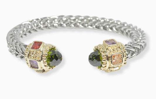 Two Tone/Olive, Cubic Zirconia Cable Cuff Bracelet