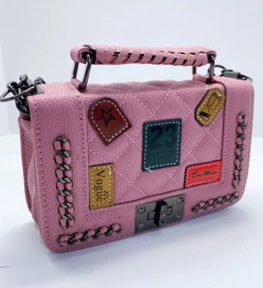 Patchwork Design Handbag, Pink