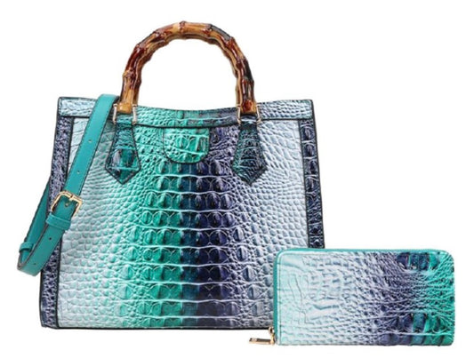 Croc Skin Style Handbag + Wallet Blue