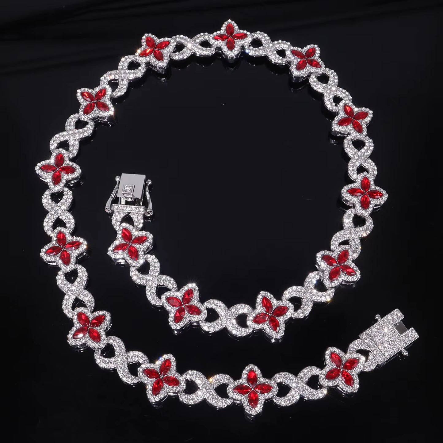Cuban Chain Four Leaf Clover Charm Necklace and Bracelet Set