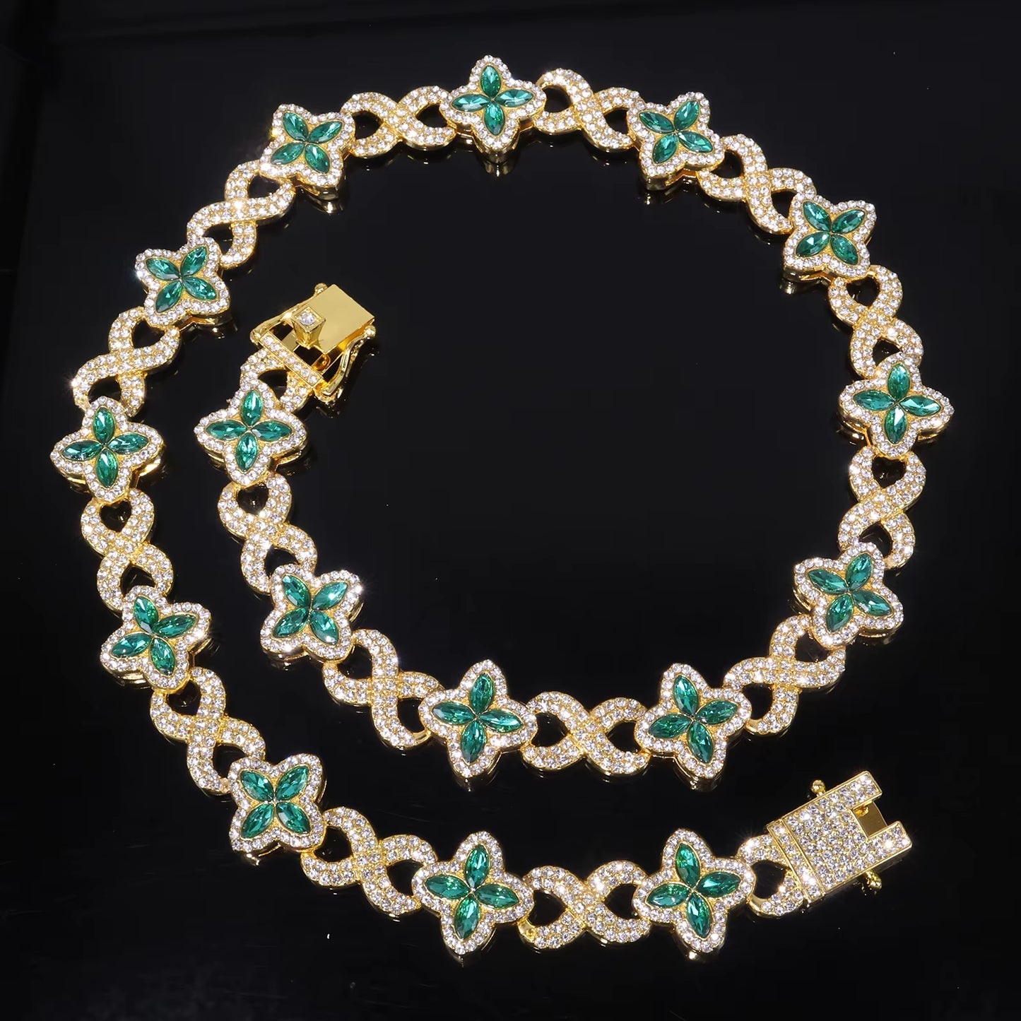 Cuban Chain Four Leaf Clover Charm Necklace and Bracelet Set